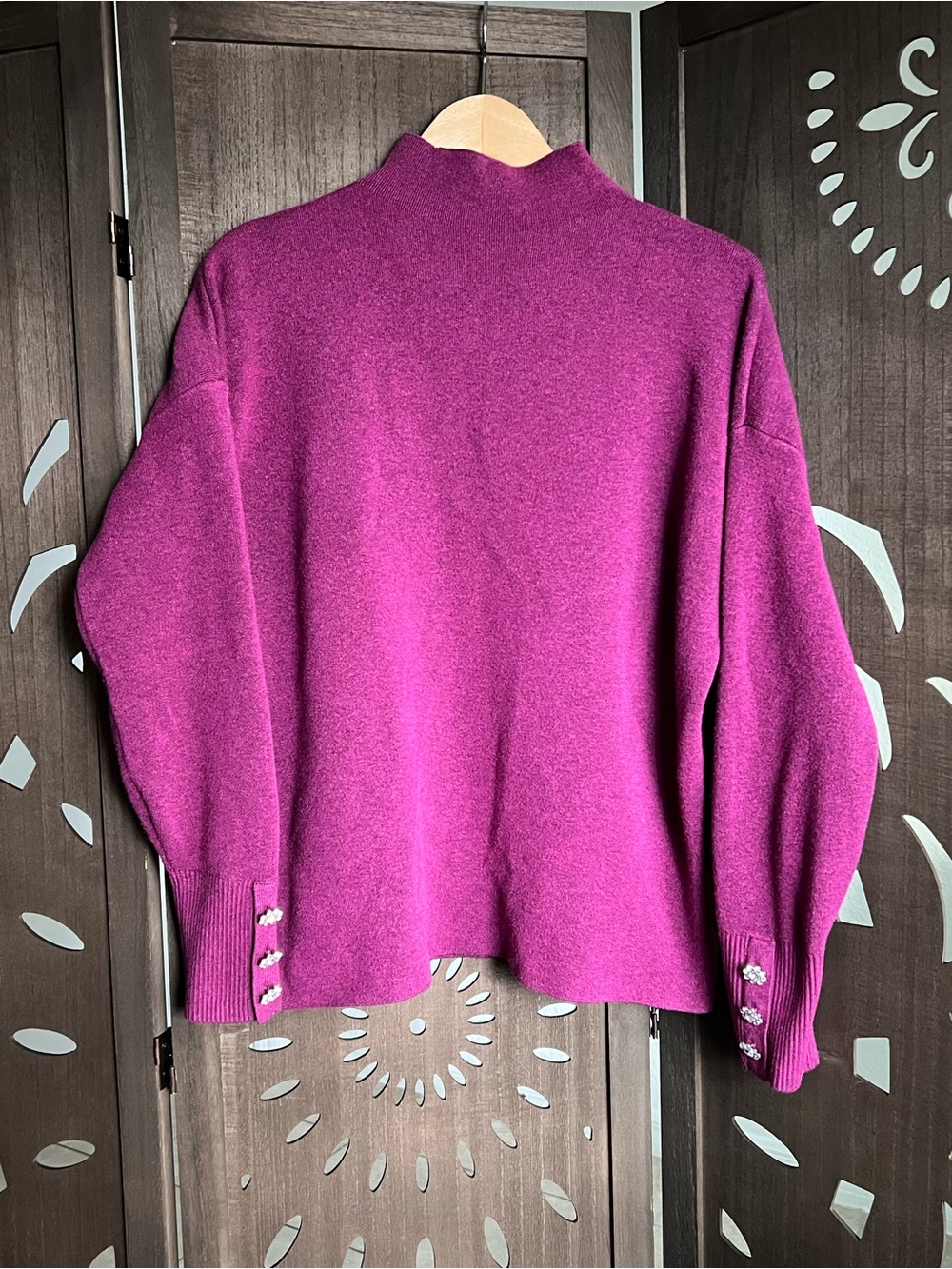 Tahari Magenta Mock Neck Sweater with Button Cuff Detail
